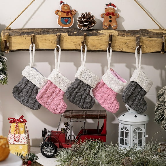 Dalrosia 6PCS Mini Knit Christmas Stockings,4 Inch Small White and Pink Knitted Hanging Stocking for Fireplace Christmas Tree Decoration