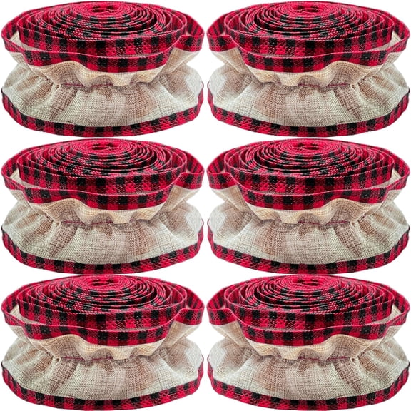 Dalrosia 6PCS Plaid Christmas Tree Garland Christmas Buffalo Plaid Ribbon Ruffled Homespun Fabric Garland Christmas Tree Ribbon Decorations for Christmas Home Wreath Staircase Tree Decor