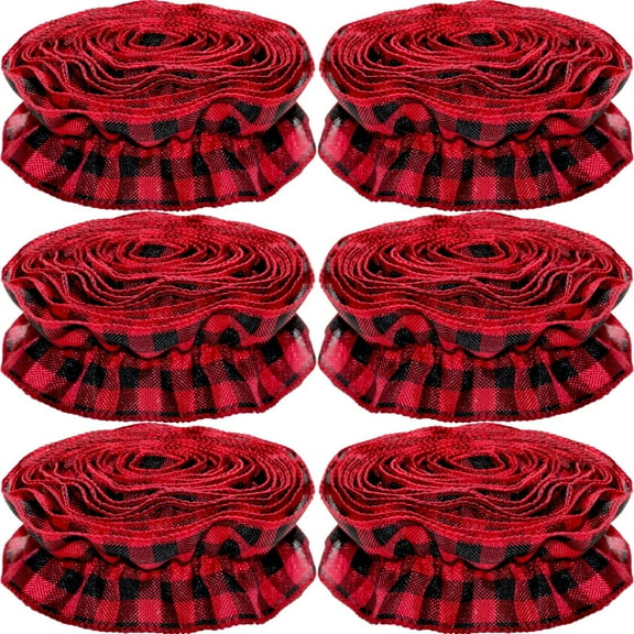 Dalrosia 6PCS Plaid Christmas Tree Garland Christmas Buffalo Plaid Ribbon Ruffled Homespun Fabric Garland Christmas Tree Ribbon Decorations for Christmas Home Wreath Staircase Tree Decor