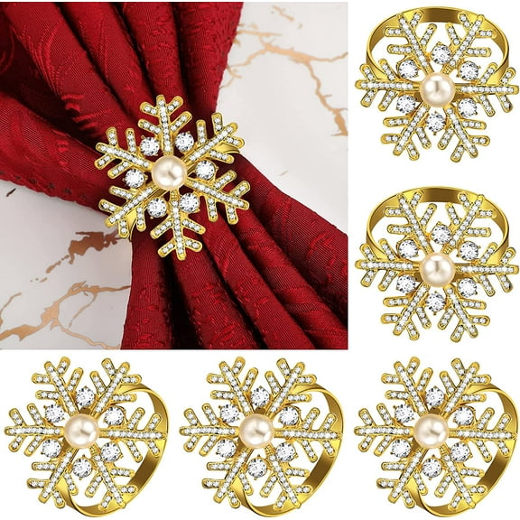 Dalrosia 6PCS Snowflake Napkin Rings Christmas Napkin Holder Ring Rhinestone Pearl Napkin Rings Serviette Buckle for Christmas Wedding Party Table Decor