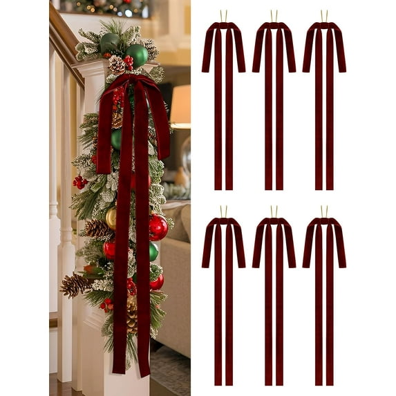 Dalrosia 6PCS Velvet Christmas Wreath Bow Pre Tied Velvet Ribbon Bows Wired Red Christmas Tree Topper for Xmas Garland Home Door Outdoor Decorations