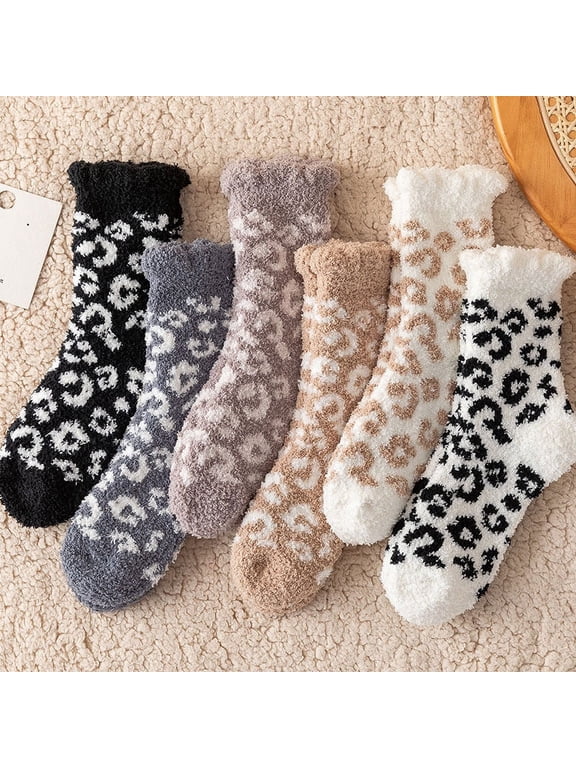 6Pairs Fuzzy Socks for Women Warm Fluffy Socks Winter Slipper Socks Soft Cute Leopard Socks