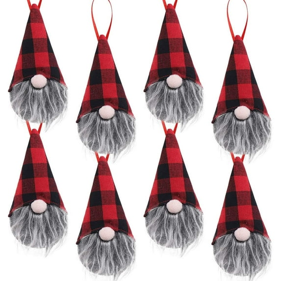Dalrosia 8 Pack Handmade Plush Tomte Gnome Hanging Decorations, Swedish Scandinavian Santa with Buffalo Check Plaid Hat, Holiday Home Decor
