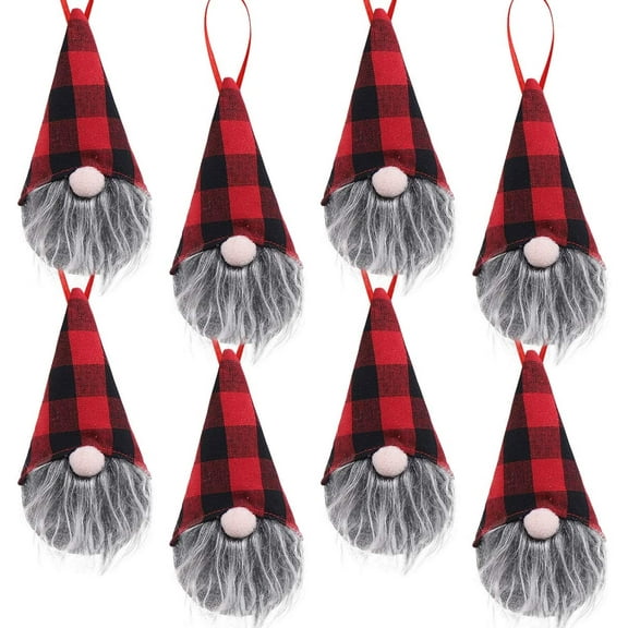 Dalrosia 8 Pack Handmade Plush Tomte Gnome Hanging Decorations, Swedish Scandinavian Santa with Buffalo Check Plaid Hat, Holiday Home Decor