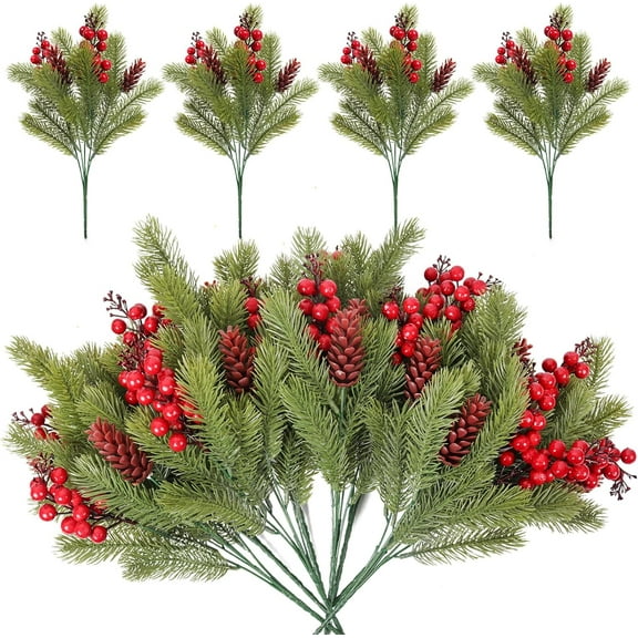Dalrosia Artificial Pine Needles with Red Berry Stems Greenery Pine Picks Fake Christmas Holly Berries Artificial Christmas Green Plants Branches for Holiday Winter Table Xmas Decor