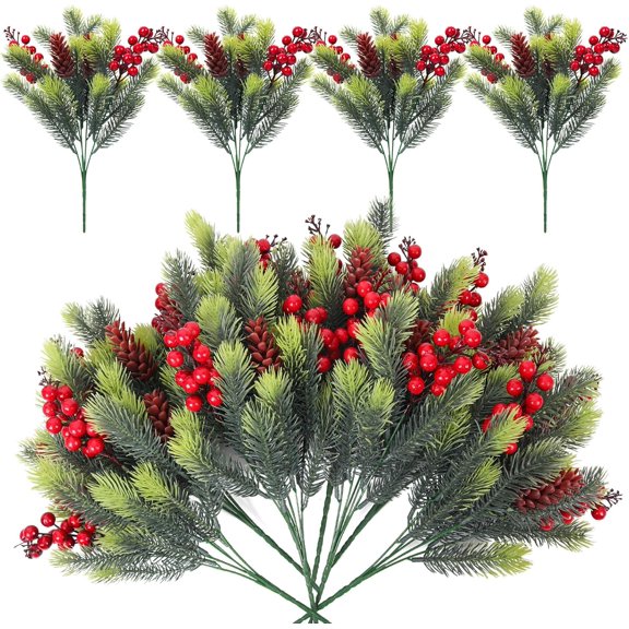 Dalrosia Artificial Pine Needles with Red Berry Stems Greenery Pine Picks Fake Christmas Holly Berries Artificial Christmas Green Plants Branches for Holiday Winter Table Xmas Decor