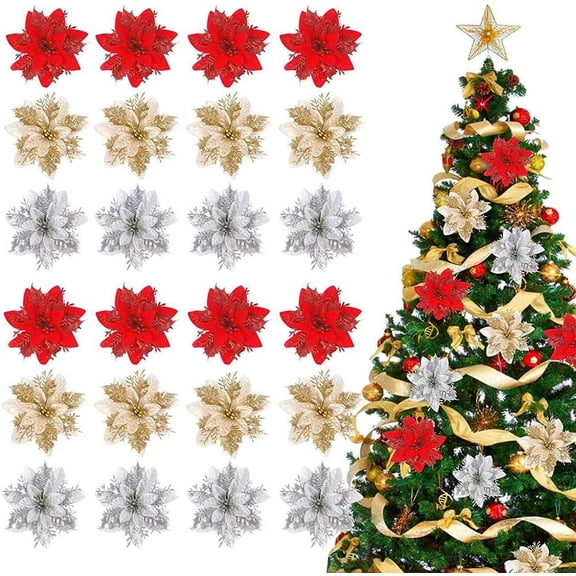 Dalrosia Artificial Poinsettias Christmas Glitter Flowers with Clips Xmas Tree Flower Ornament Poinsettias Decor