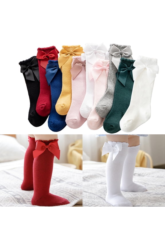 Baby Girls Bow Knee High Socks Toddlers Ruffled Tube Socks Infant Long Stockings School Uniform Leggings