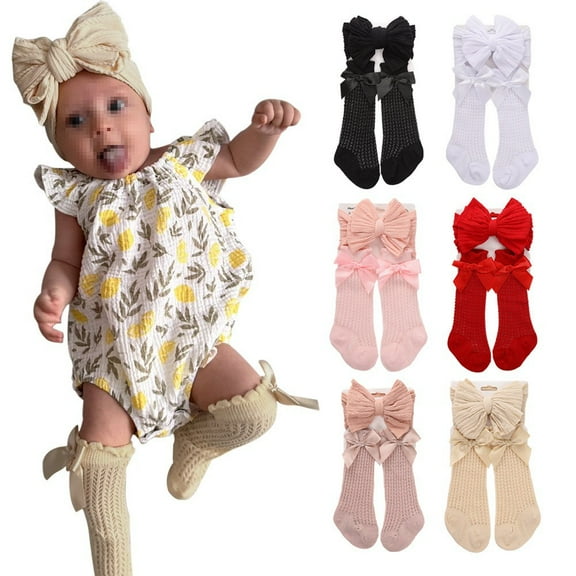 Dalrosia Baby Girls Knee High Socks with Bow Headband Cotton Socks Tube Ruffled Stockings Newborn Infant Toddler 0-3Years
