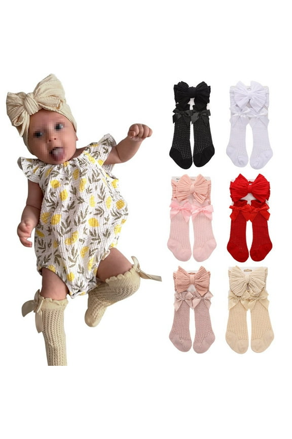 Baby Girls Knee High Socks with Bow Headband Cotton Socks Tube Ruffled Stockings Newborn Infant Toddler 0-3Years