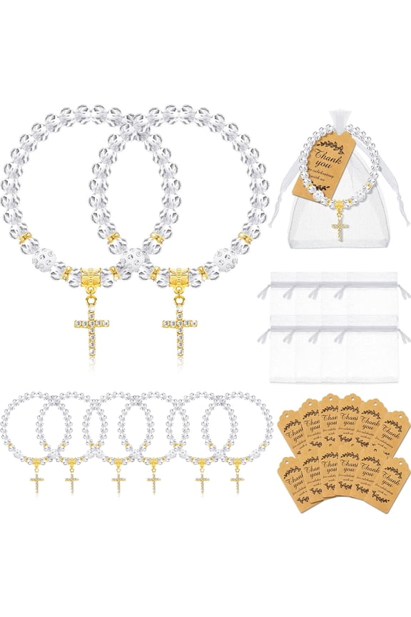 Baptism Favors 10PCS Crystal Bracelets with Crucifix Rosary Tags Organza Bags for Baby Shower Baptism Supplies First Communion Party Favor
