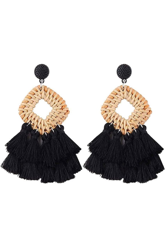 Bohemia Tassel Earrings Statement Handmade Dangle Ethnic Fringe Earrings Bamboo Weaving Geometric Square Sector Gifts for Women