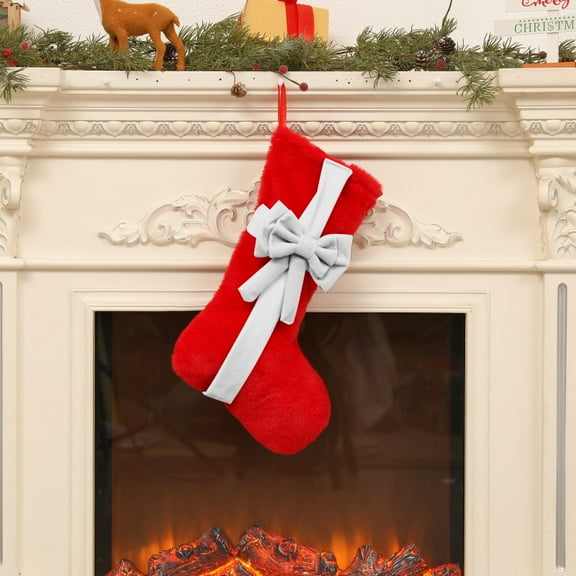 Dalrosia Bow Christmas Stockings, Faux Fur Xmas Fireplace Hanging Ornaments Sock Plush Cuffs Candy Stockings with Red Velvet Bow for Family Christmas Holiday Decorations