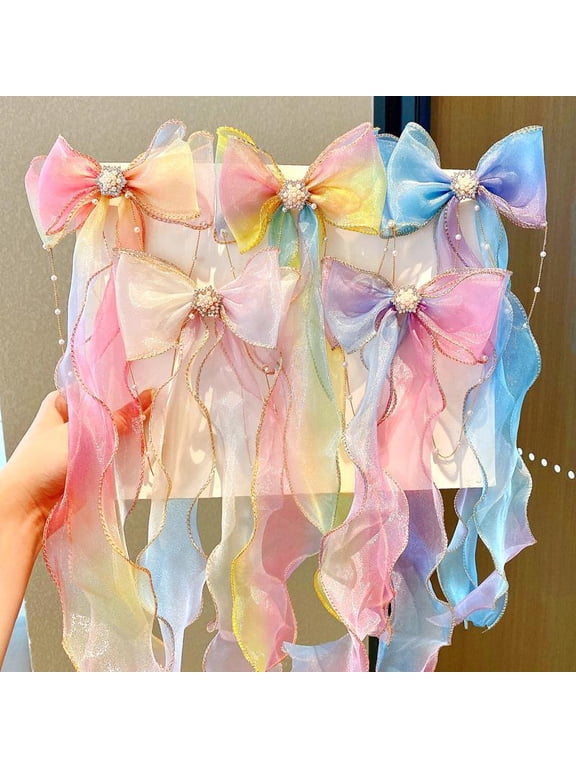 Bow Hair Clips - Ribbon Hair Bows for Girl Women, 10 inch Colorful Ribbon Lace Clip for Hair Accessories