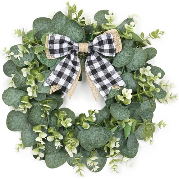 Dalrosia Buffalo Plaid Wreath-12 Inch Artificial Eucalyptus Wreath with Plaid Bow | Spring Summer Fall Wreath for Front Door Farmhouse Decor Festival Celebration Home Decor