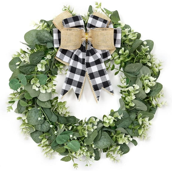 Dalrosia Buffalo Plaid Wreath-16 Inch Artificial Eucalyptus Wreath with Plaid Bow | Spring Summer Fall Wreath for Front Door Farmhouse Decor Festival Celebration Home Decor