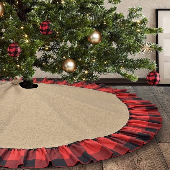 Dalrosia Burlap Tree Skirt, 48 inch Large Black and Red Christmas Tree Skirt with Ruffle, Gingham Buffalo Plaid Tree Rug Rustic Farmhouse Boho Tree Ornaments for Thanksgiving Xmas Party Decorations