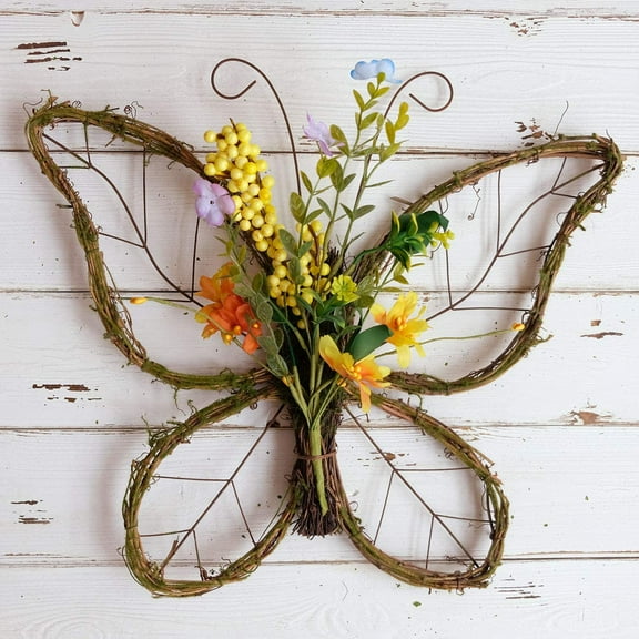 Dalrosia Butterfly Shaped Wreath with Pastel Berries and Floral Spring Artificial Wreaths for Front Door Decor