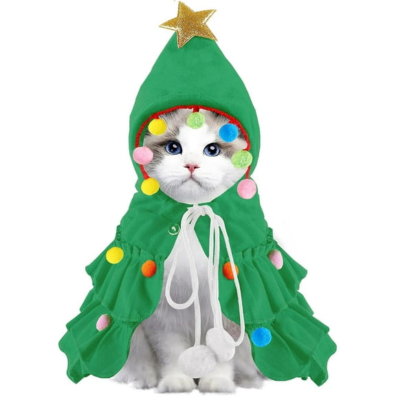 Dalrosia Cat Christmas Outfit Red Pet Cloak with Hat with Star and Pompoms Puppy Cape Clothes Xmas Tree Elf Costumes Party Pet Supplies Accessories for Small Dogs Cats Pet Santa Presents
