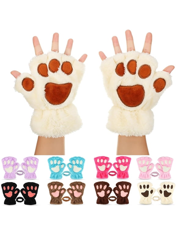 Cat Claw Bear Paw Fingerless Winter Plush Gloves