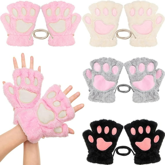 Dalrosia Cat Paw Gloves Cute Kitten Furry Paws Costume Winter Fingerless Mitten Glove for Kids Women