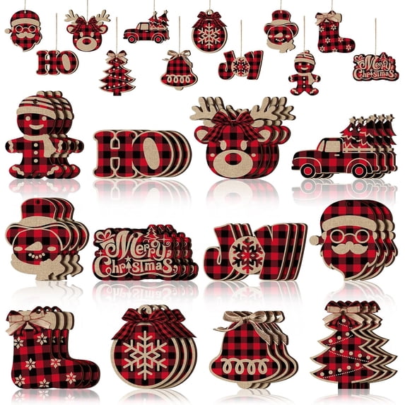 Dalrosia Christmas Buffalo Plaid Hanging Ornaments Christmas Tree Wooden Hanging Decor Wooden Christmas Ornaments Snowflake Reindeer Snowman Plaid Christmas Decor