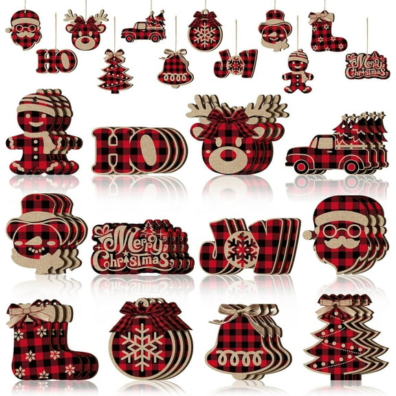 Dalrosia Christmas Buffalo Plaid Hanging Ornaments Christmas Tree Wooden Hanging Decor Wooden Christmas Ornaments Snowflake Reindeer Snowman Plaid Christmas Decor