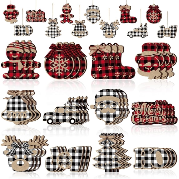 Dalrosia Christmas Buffalo Plaid Hanging Ornaments Christmas Tree Wooden Hanging Decor Wooden Christmas Ornaments Snowflake Reindeer Snowman Plaid Christmas Decor