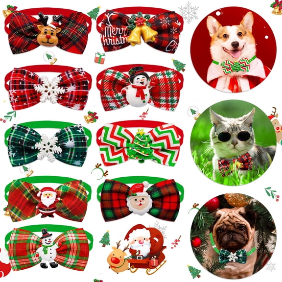 Dalrosia Christmas Cat Bow Tie Collar with Bell, 9PCS Pack Holiday Kitty Kitten Santa and Snowman Collar for Male Female Girls Boys