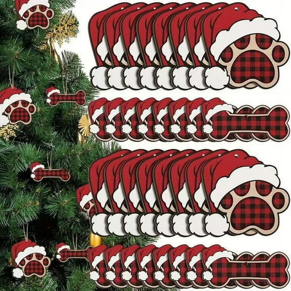 Dalrosia Christmas Dog Paw Wooden Ornaments Dog Bone Ornaments for Christmas Tree Wooden Dog Paw Print Hanging Wood Dog Decoration with Bow Ties Ropes for Christmas Holiday Festival Decor