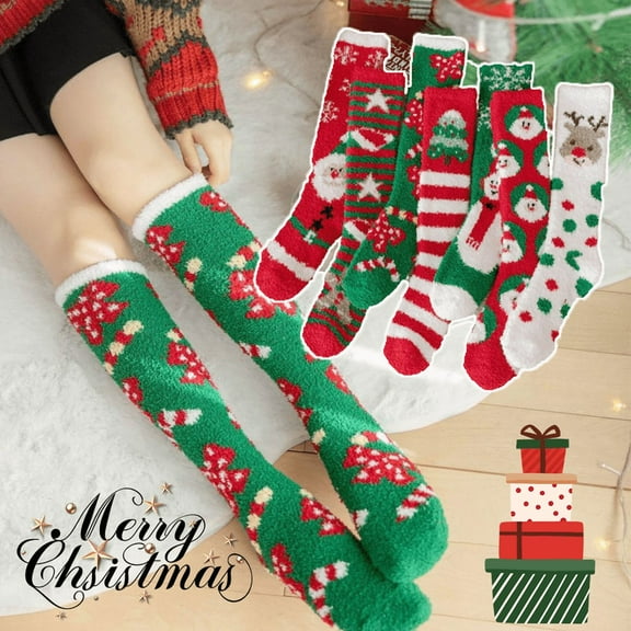 Dalrosia Christmas Knee High Fuzzy Socks - Xmas Soft Warm Sleeping Holiday Socks Bulk for Christmas Party Favors