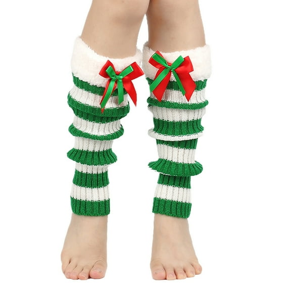 Dalrosia Christmas Knee Length Leg Warmer,Thicken Knitted White Cuff Bow Leg Warmers Stripes Boot Cuffs Footless Socks