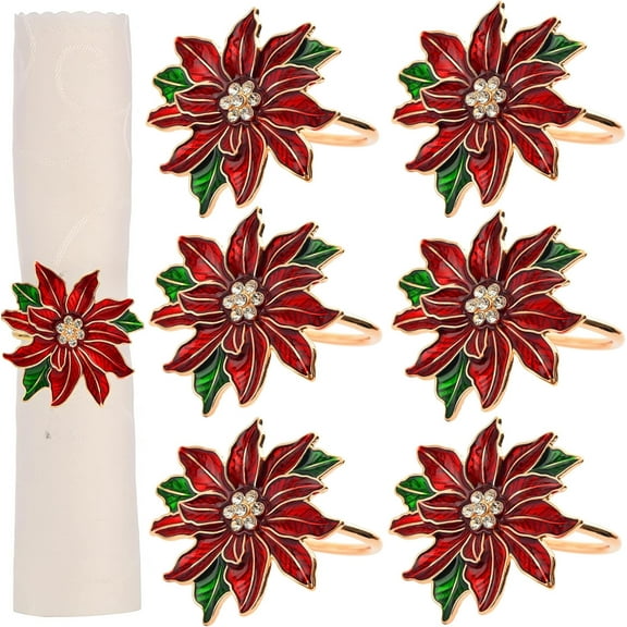 Dalrosia Christmas Napkin Rings Set of 6 Poinsettia Napkin Rings Gold Christmas Napkin Holder for Cloth Napkins Thanksgiving Christmas