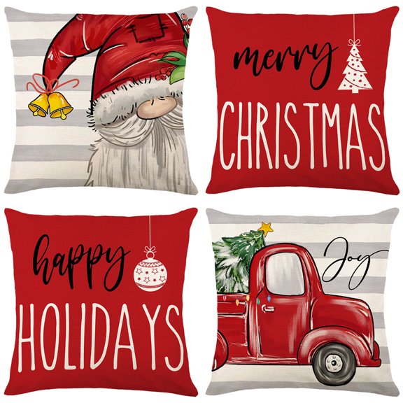 Dalrosia Christmas Pillow Covers 18x18 Set of 4 for Christmas Decorations Christmas Tree Truck Gnome Merry and Bright Christmas Pillows Winter Holiday Throw Pillows Christmas Farmhouse Decor for Couch