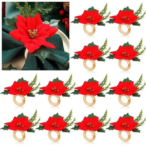 Dalrosia Christmas Poinsettia Napkin Rings Set of 6 Napkin Holders with Gold Poinsettia Flowers,Berries,Christmas Napkin Rings Dinning Table Setting for Wedding Party Holiday Banquet Decor