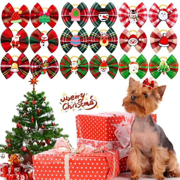 Dalrosia Christmas Small Dog Hair Bows, Bulk Christmas Plaids Dog Bows with Rubber Bands, Mix Christmas Pattern Pet Puppy Dog Grooming Bows, Dog Bows for Yorkie Rabbit Cat Hair Accessories