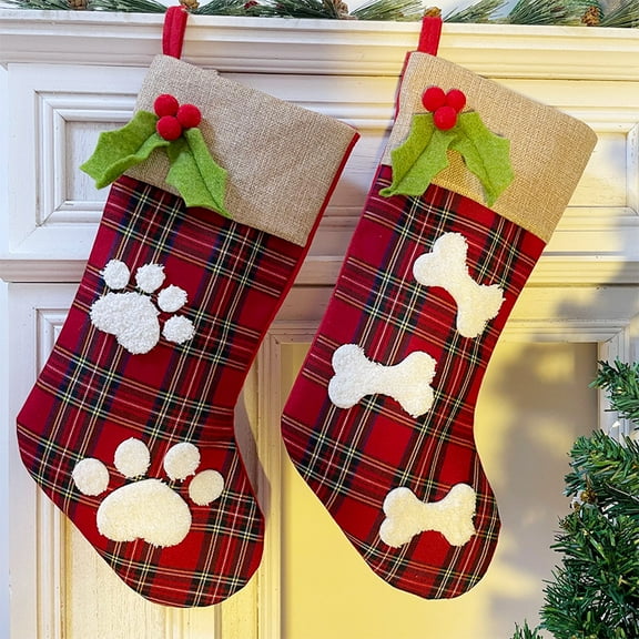 Dalrosia Christmas Stocking for Dogs Cats Pet Paw Stocking 18 Inches Large Puppy Kitty Bone Fireplace Christmas Trees Hanging Stocking Gift Candy Bag for Holiday Party Gift
