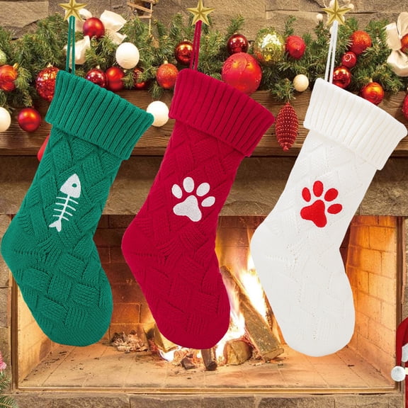 Dalrosia Christmas Stockings, 18 Inches Large Knit Pet Stocking with Paw Embroidery, Cable Knit Xmas Hanging Stocking Fireplace Stockings for Family Holiday Xmas Party Decoration