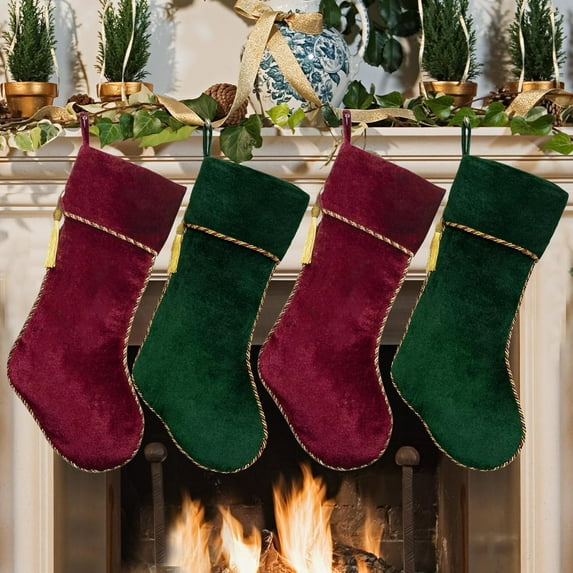 Dalrosia Christmas Stockings Green and Red Velvet Christmas Stockings with Tassel for Family Kids Decorations for Farmhouse Fireplace Hanging