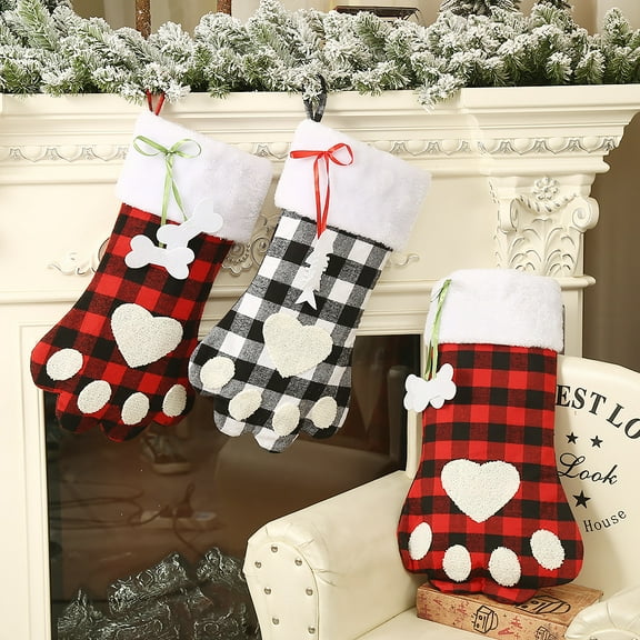 Dalrosia Christmas Stockings with Faux Plush Cuff , Dog Paw Christmas Stocking ,18” Large Xmas Stockings for Family,Christmas Holiday Fireplace Decor