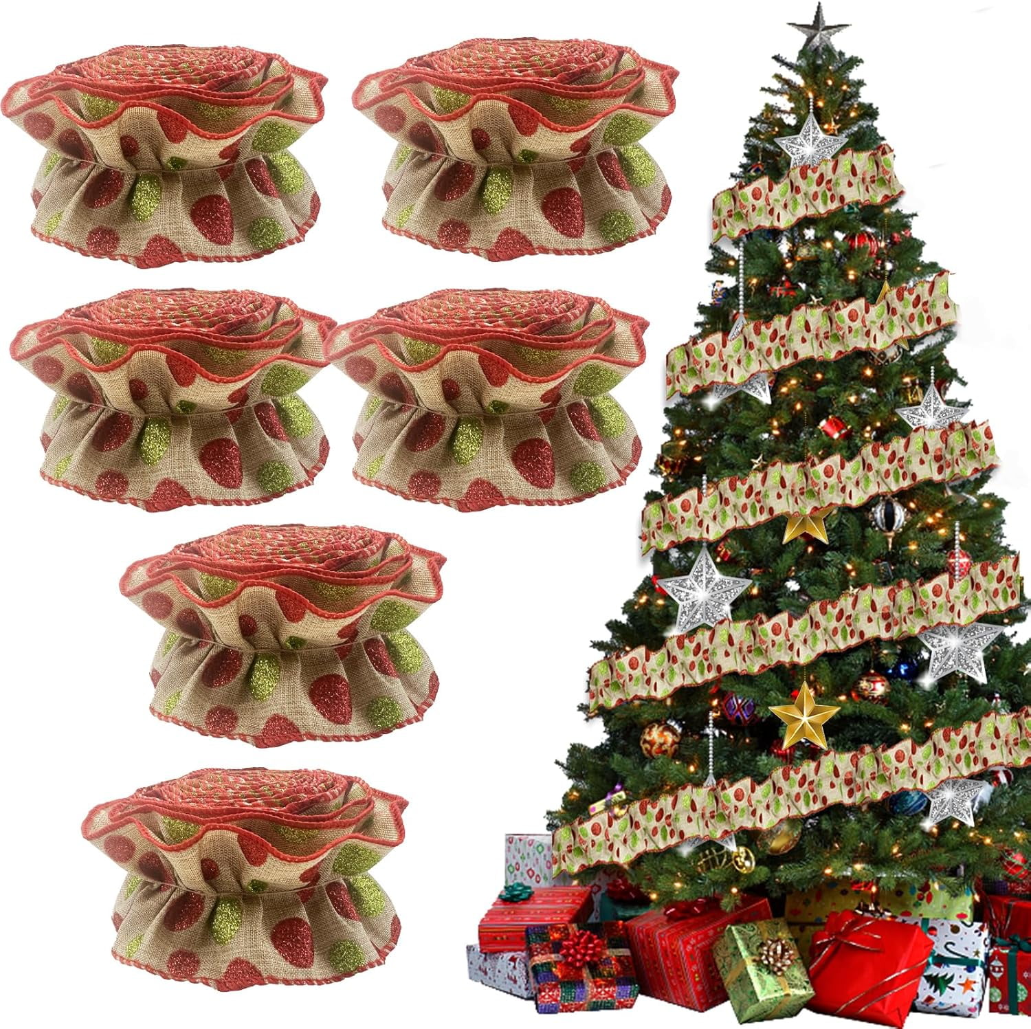 Dalrosia Christmas Tree Ribbon Garland Red and Green Polka Dot Ribbon Garland for Christmas Tree Burlap Ruffled Wired Ribbon Xmas Tree Garland Vintage Rustic Farmhouse Home Deco