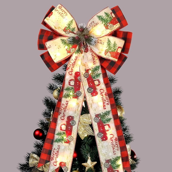 Dalrosia Christmas Tree Topper Bow with 30 LED Lights Decor, 13x25 Xmas Large Red Black Buffalo Plaid Rustic Farmhouse Wreath Bows with Truck Berries Pine Cones Pine Needles for Front Door Outdoor