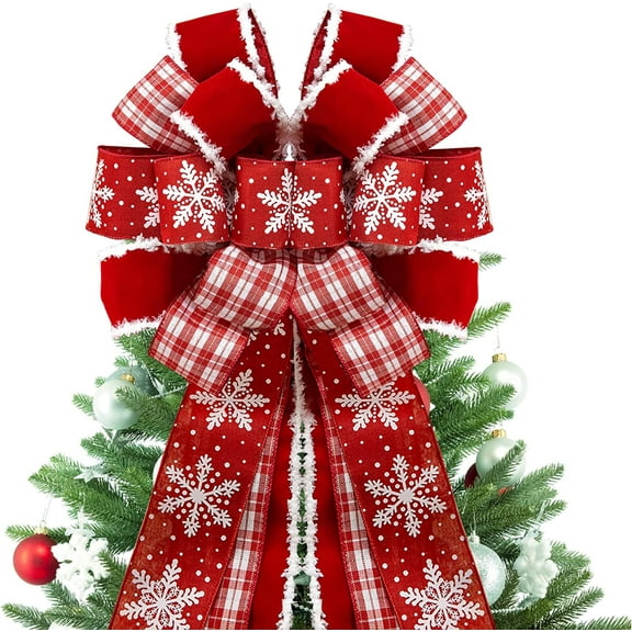 Dalrosia Christmas Tree Topper Bow, Large Christmas Wreath Bows Xmas Ornaments with Long Plaid Streamer Wired Edge Ribbon for Farmhouse Christmas Decor