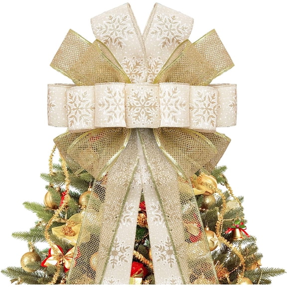 Dalrosia Christmas Tree Topper Bow, Large Glitter Satin Christmas Wreath Bows Xmas Ornaments with Long Streamer Wired Edge Ribbon for Farmhouse Christmas Decoration