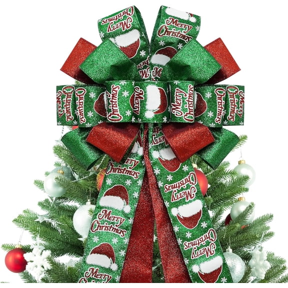 Dalrosia Christmas Tree Topper Bow, Large Glitter Satin Christmas Wreath Bows Xmas Ornaments with Long Streamer Wired Edge Ribbon for Farmhouse Christmas Decoration