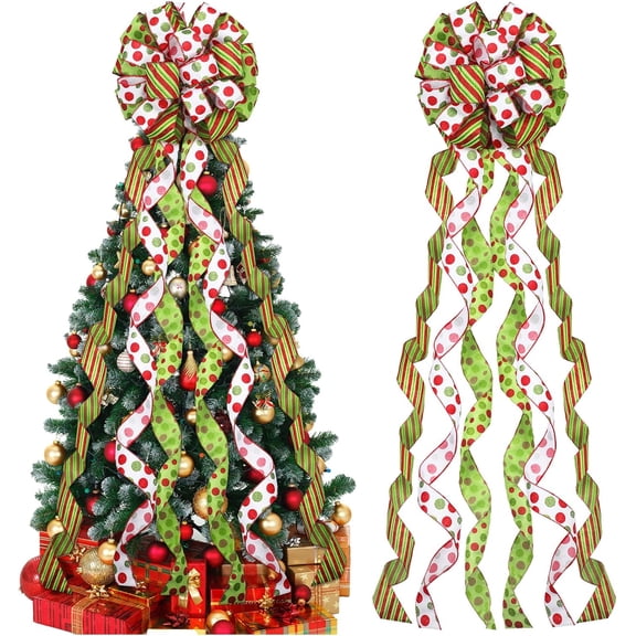 Dalrosia Christmas Tree Topper Wreath Bow Handmade Large Green Christmas Bow Tree Topper, 45"x13" Red Green Dot Bow for Xmas Ornament Holiday Home Decor