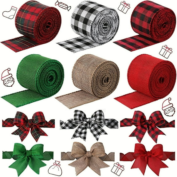 Dalrosia Christmas Wired Edge Ribbons Burlap Fabric Ribbon Roll Black Red White Buffalo Plaid Ribbon Wide Craft Ribbon Xmas Tree Crafts Decoration DIY Gift Wrap,2 Inch X 5 Yards Each Roll