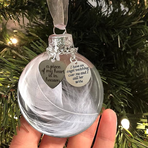Dalrosia Clear Christmas Memorial Hanging Ornament Feather Ball, A Piece of My Heart is in Heaven, Sympathy Gift for Loss of Wife Christmas Tree Hanging Pendant 2.4 inch/60 mm for Loved One