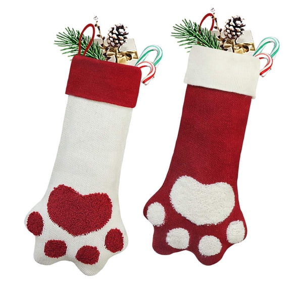 Dalrosia Dog Christmas Stocking for Family 18 Inch Large Stocking Pet Paw Christmas Stocking Red White Knitted Stocking Hanging Ornament for Family Fireplace Holiday Decor