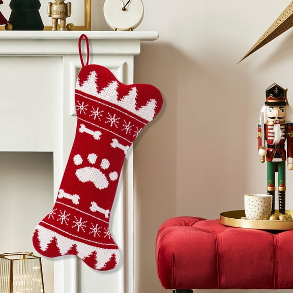 Dalrosia Dog Christmas Stocking, Knit White Christmas Stocking for Dogs, Bone Shape Dog Stocking Christmas Large Pet Stockings Hanging Dog Christmas Stocking for Dogs Cats Pets